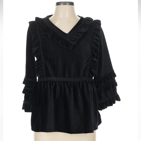 NWOT: POL Black Vintage Victorian Style Velvet Eyelet Ruffle Sleeve Top•Large - Picture 1 of 6
